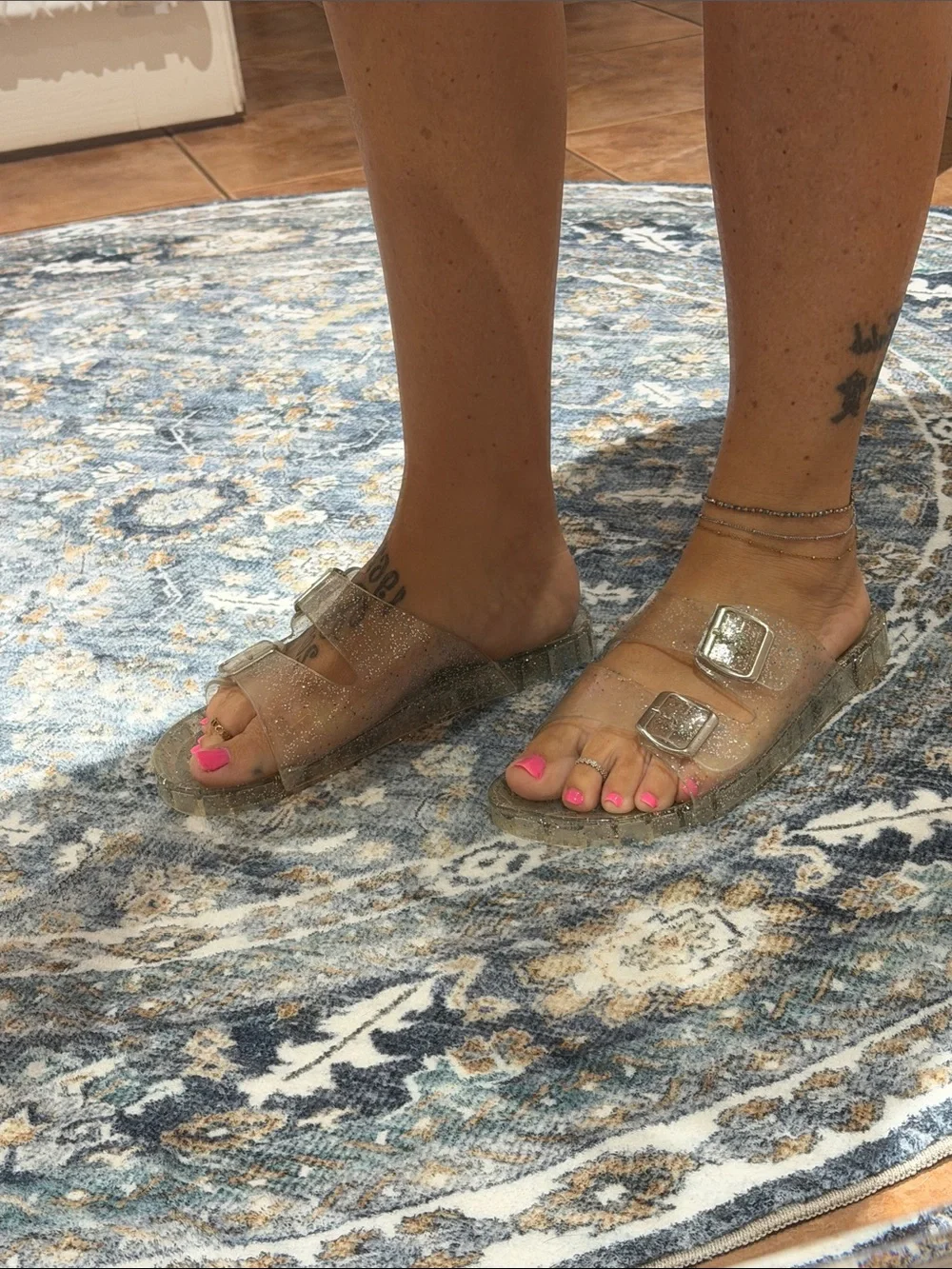 Fashion Nova Clear Glitter Slide Sandals with Silver Buckles
